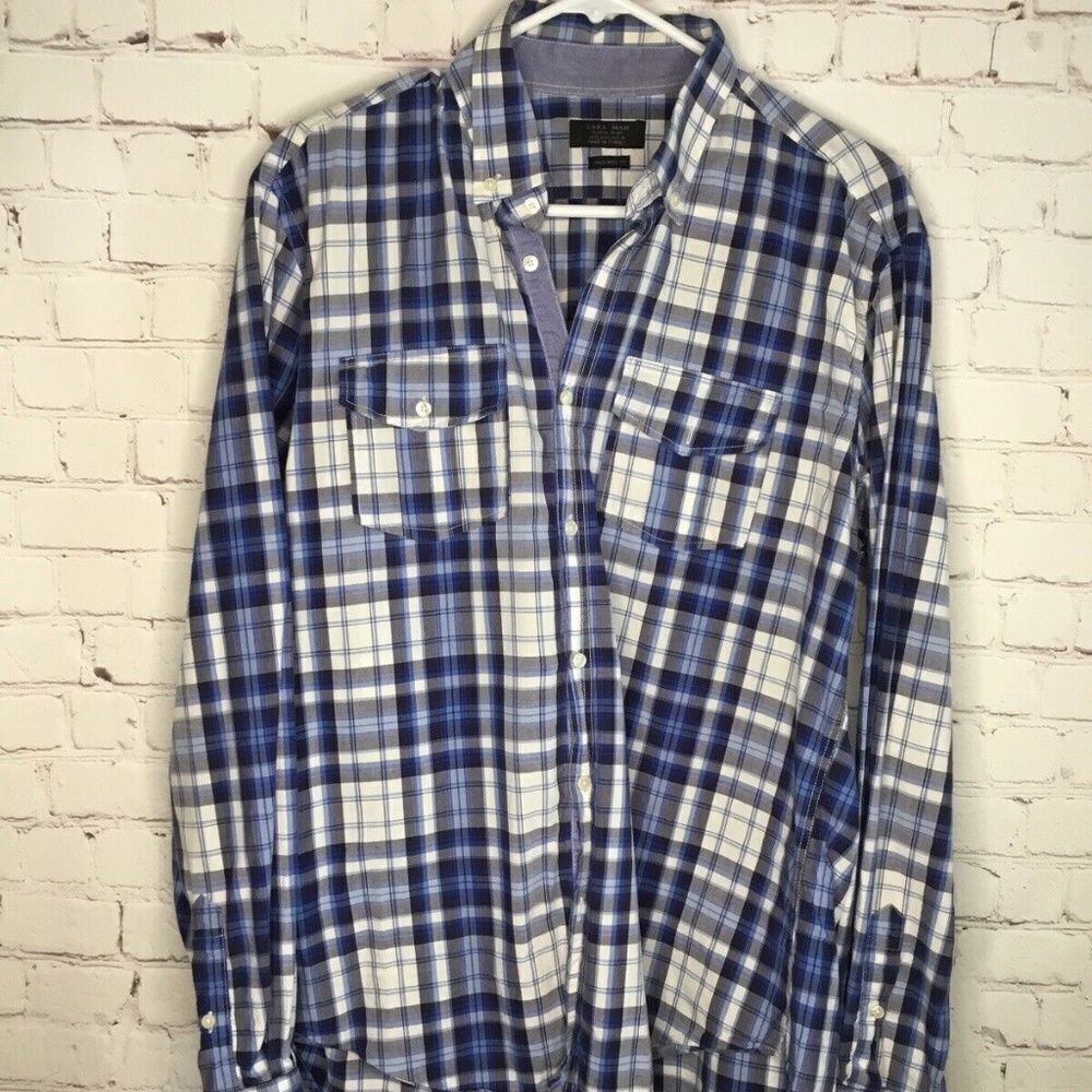 Zara Man Tailored Fit Men's Blue Plaid Long Sleeve Classic Sport Shirt Size L